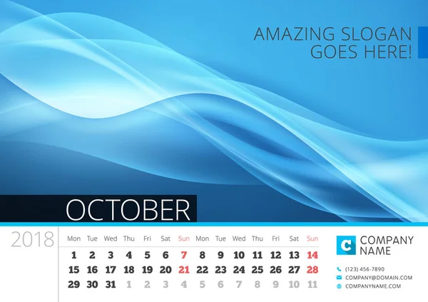 Календарь столов на 2018 год. В октябре. Шаблон векторной печати с абстрактным фоном. В понедельник начинается неделя — стоковый вектор