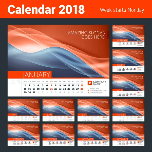 Calendario de la línea de escritorio para 2018 Año. Plantilla de impresión de diseño vectorial con fondo abstracto. La semana comienza el lunes — Archivo Imágenes Vectoriales
