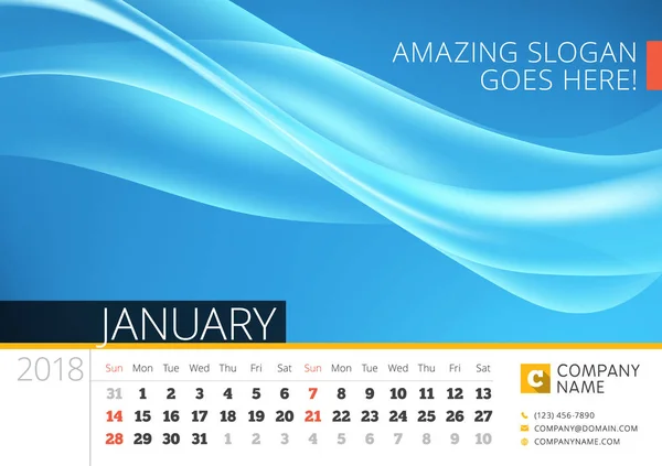 Календарь столов на 2018 год. Январь. Шаблон векторной печати с абстрактным фоном. Неделя начинается в воскресенье — стоковый вектор