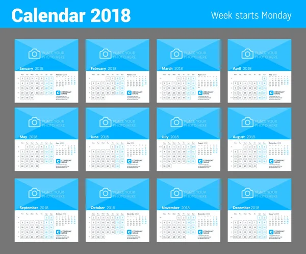 2018 yıl için takvim yazdırma şablonu. Hafta Pazartesi günü başlar. 12 sayfa kümesi. Fotoğraf için yer ile vektör tasarım şablonu