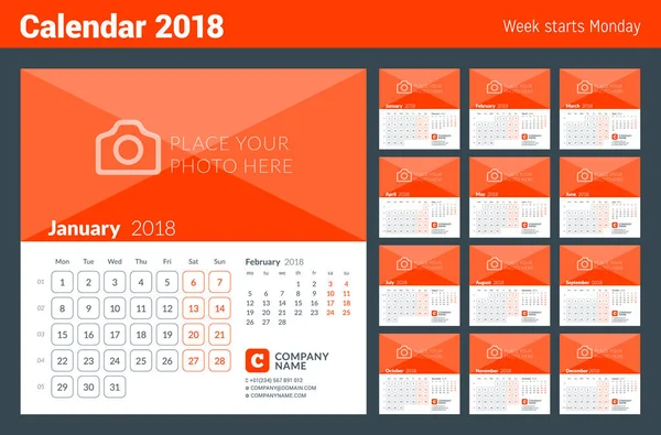 2018 yıl için takvim yazdırma şablonu. Hafta Pazartesi günü başlar. 12 sayfa kümesi. Fotoğraf için yer ile vektör tasarım şablonu