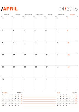 Nisan 2018. Vektör yazdırma şablonu. 2018 yıl için aylık takvim planlayıcısı. Hafta başlıyor Pazartesi. 3 ay sayfasında. İleti örneği tasarım
