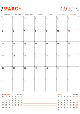 Mart 2018. Vektör yazdırma şablonu. 2018 yıl için aylık takvim planlayıcısı. Hafta başlıyor Pazartesi. 3 ay sayfasında. İleti örneği tasarım