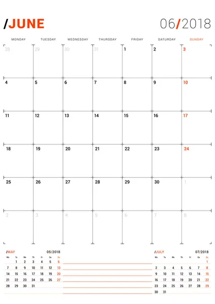 Junho de 2018. Modelo de impressão vetorial. Planejador de calendário mensal para 2018 Ano. A semana começa segunda-feira. 3 Meses na página. Design de artigos de papelaria —  Vetores de Stock
