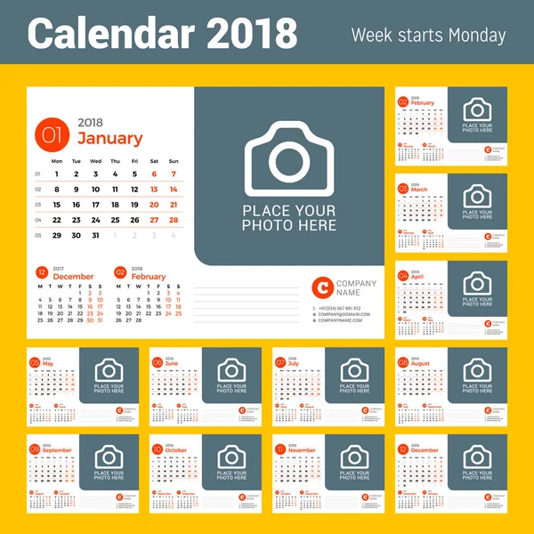 Calendário de mesa para 2018 ano. Modelo de impressão de design vetorial com lugar para foto. Semana começa na segunda —  Vetores de Stock
