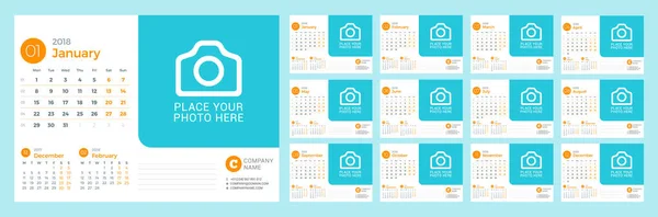 Skrivbord Kalender 2018 år. Vektor design utskriftsmall med plats för foto. Veckan börjar på måndag — Stock vektor
