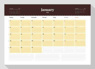Takvim şablonu Ocak 2018. İleti örneği tasarımı. Hafta Pazartesi günü başlar. 3 ay sayfasında. Vektör çizim