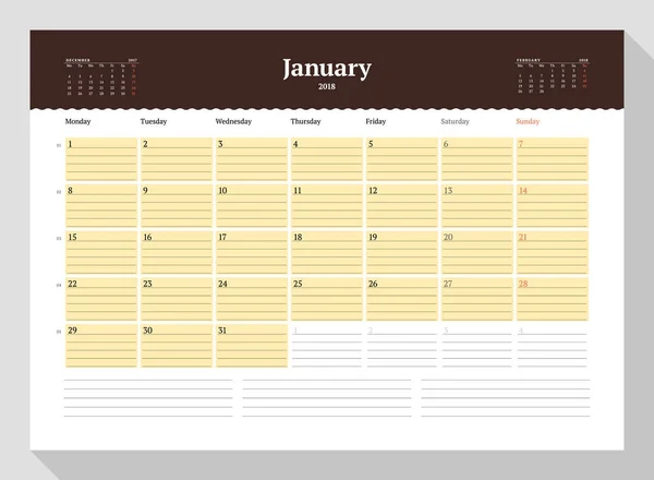 Kalendervorlage für Januar 2018. Schreibwarendesign. Die Woche beginnt am Montag. 3 Monate auf der Seite. Vektorillustration — Stockvektor