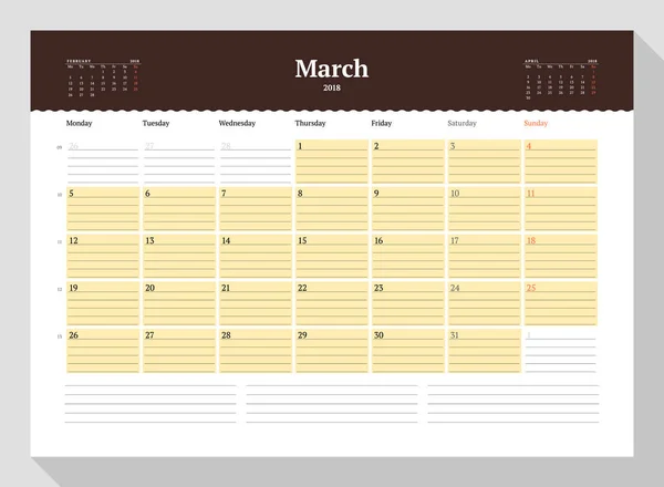 Modelo de calendário para março de 2018. Desenho de papelaria. A semana começa na segunda. 3 Meses na página. Ilustração vetorial —  Vetores de Stock