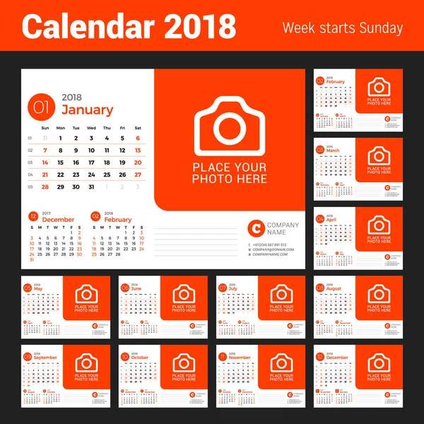 Calendário para 2018 ano. Modelo de impressão de design vetorial com lugar para foto. Semana começa no domingo —  Vetores de Stock
