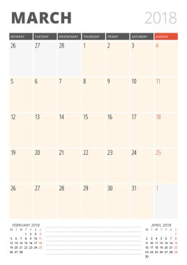 Mart 2018 için takvim planlayıcısı. Baskı tasarım şablonu. Hafta Pazartesi günü başlar. Vektör çizim. İleti örneği tasarım