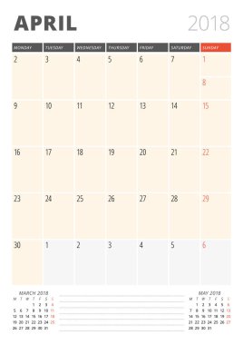Nisan 2018 için takvim planlayıcısı. Baskı tasarım şablonu. Hafta Pazartesi günü başlar. Vektör çizim. İleti örneği tasarım