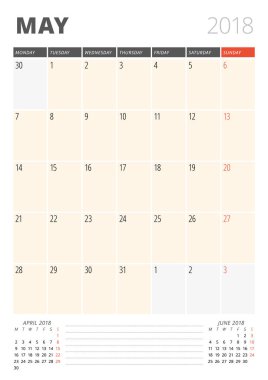 Mayıs 2018 için takvim planlayıcısı. Baskı tasarım şablonu. Hafta Pazartesi günü başlar. Vektör çizim. İleti örneği tasarım