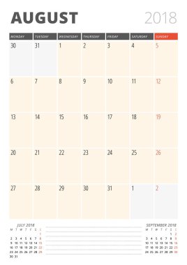 Ağustos 2018 için takvim planlayıcısı. Baskı tasarım şablonu. Hafta Pazartesi günü başlar. Vektör çizim. İleti örneği tasarım