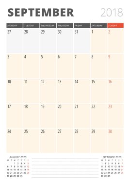 Eylül 2018 için takvim planlayıcısı. Baskı tasarım şablonu. Hafta Pazartesi günü başlar. Vektör çizim. İleti örneği tasarım