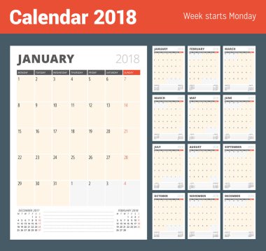2018 yıl için takvim planlayıcısı. 12 ay kümesi. Baskı tasarım şablonu. Hafta Pazartesi günü başlar. Vektör çizim. İleti örneği tasarım