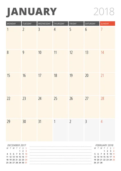 Планировщик календаря на январь 2018 года. Print Шаблон дизайна. Неделя начинается в понедельник. Векторная иллюстрация. Канцелярский дизайн — стоковый вектор
