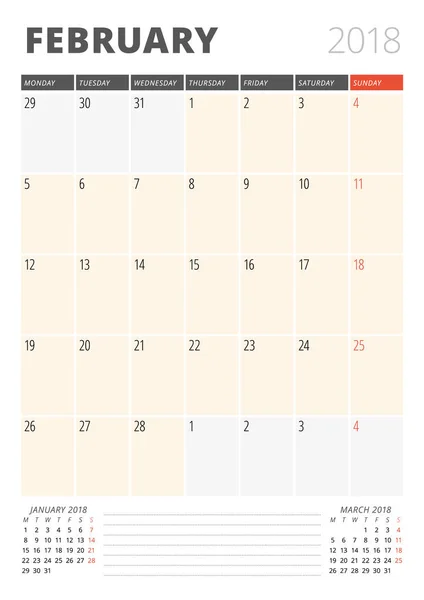 Kalender Planner för februari 2018. Skriv ut mallen. Veckan börjar på måndag. Vektorillustration. Pappersvaror Design — Stock vektor