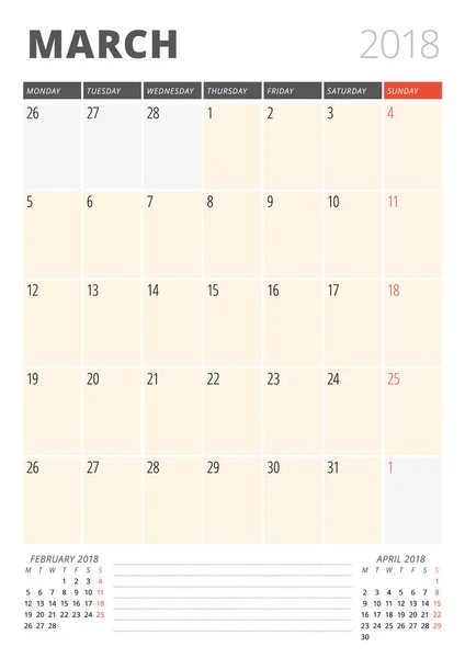 Планировщик календаря на март 2018 года. Print Шаблон дизайна. Неделя начинается в понедельник. Векторная иллюстрация. Канцелярский дизайн — стоковый вектор
