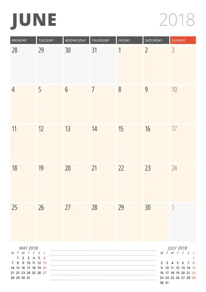 Planner kalendarz dla czerwca 2018 r. Wydrukować szablon projektu. Tydzień rozpoczyna się w poniedziałek. Ilustracja wektorowa. Projektowanie papeterii — Wektor stockowy