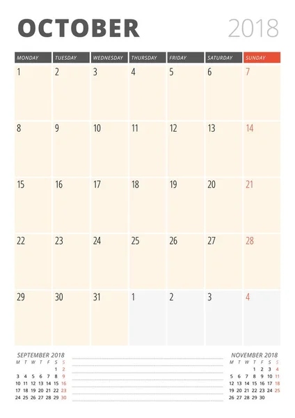 Calendário Planner para outubro de 2018. Modelo de design de impressão. A semana começa na segunda-feira. Ilustração vetorial. Design de artigos de papelaria — Vetor de Stock