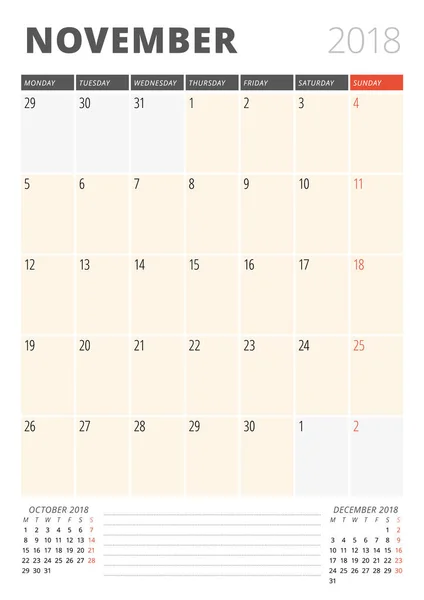Planner kalendarz dla listopada 2018 r. Wydrukować szablon projektu. Tydzień rozpoczyna się w poniedziałek. Ilustracja wektorowa. Projektowanie papeterii — Wektor stockowy