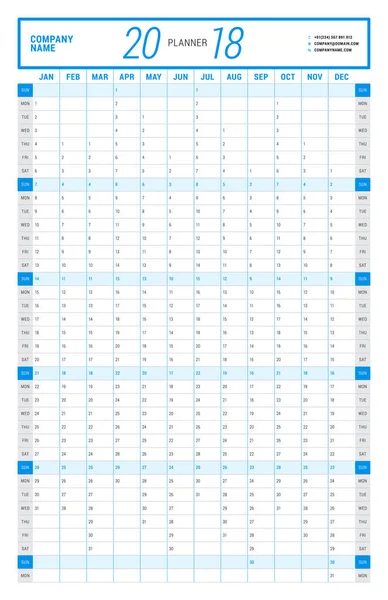 2018 年の年間壁カレンダー プランナー テンプレートベクター デザインの印刷テンプレートです。週は日曜日から開始します。縦向き — ストックベクタ