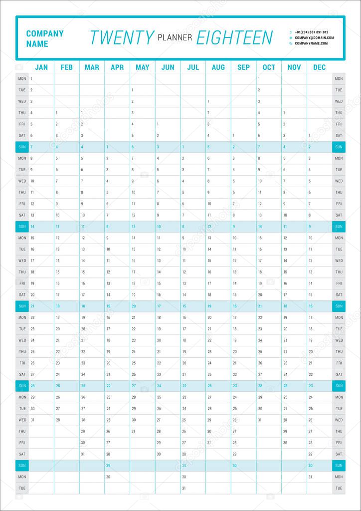 Yearly Wall Calendar Planner Template for 2018 Year. Vector Design Print Template. Week Starts Monday. Portrait orientation