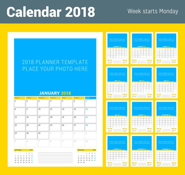 Modelo de planejador de calendário vetorial para 2018 ano. Modelo de impressão de design vetorial com lugar para foto. A semana começa na segunda. Conjunto de 12 meses —  Vetores de Stock