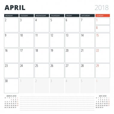 Nisan 2018 için takvim planlayıcısı. Tasarım şablonu. Hafta Pazartesi günü başlar. Sayfa 3 ay