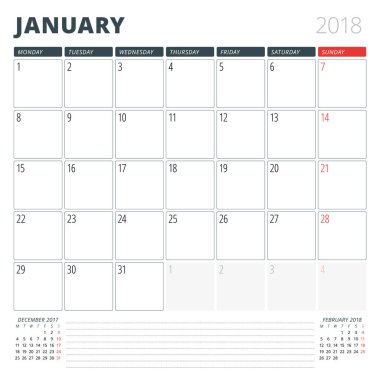 Takvim planlayıcısı Ocak 2018 için. Tasarım şablonu. Hafta Pazartesi günü başlar. Sayfa 3 ay