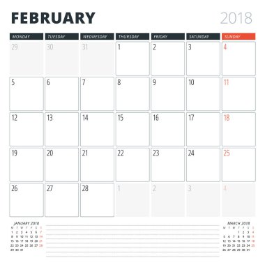 Şubat 2018 için takvim planlayıcısı. Tasarım şablonu. Hafta Pazartesi günü başlar. Sayfa 3 ay