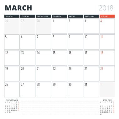 Mart 2018 için takvim planlayıcısı. Tasarım şablonu. Hafta Pazartesi günü başlar. Sayfa 3 ay