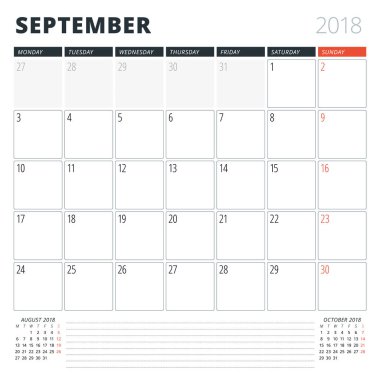 Eylül 2018 için takvim planlayıcısı. Tasarım şablonu. Hafta Pazartesi günü başlar. Sayfa 3 ay