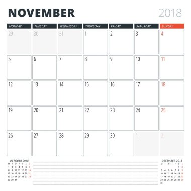 Kasım 2018 için takvim planlayıcısı. Tasarım şablonu. Hafta Pazartesi günü başlar. Sayfa 3 ay