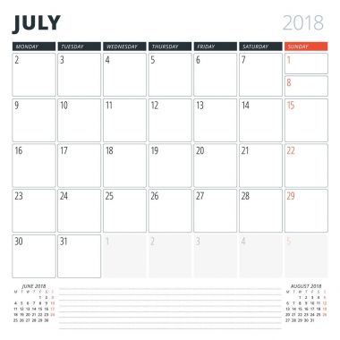 Temmuz 2018 için takvim planlayıcısı. Tasarım şablonu. Hafta Pazartesi günü başlar. Sayfa 3 ay
