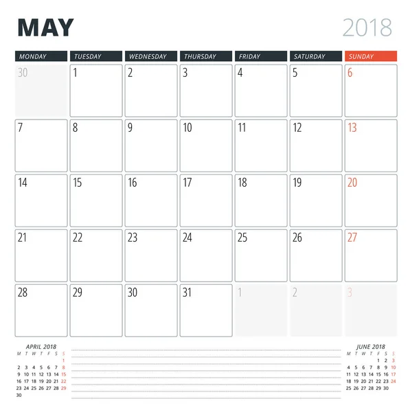 Планировщик календаря на май 2018 года. Дизайн шаблона. Неделя начинается в понедельник. 3 месяца на странице — стоковый вектор