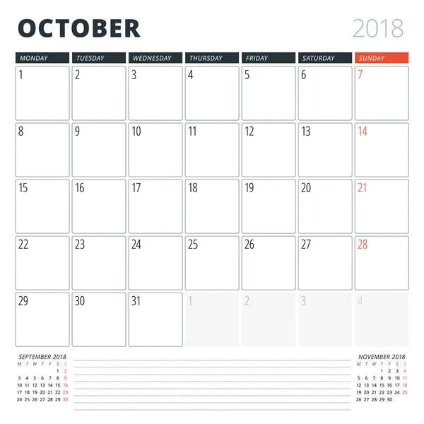 Kalendář Planner pro říjen 2018. Šablona návrhu. Týden začíná v pondělí. 3 měsíce na stránce — Stockový vektor
