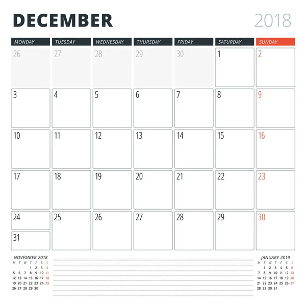 Calendar Planner for December 2018. Design Template. Week Starts on Monday. 3 Months on the Page — Stock Vector