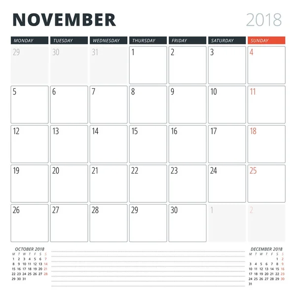 Planificador de calendario para noviembre de 2018. Plantilla de diseño. La semana comienza el lunes. 3 meses en la página — Vector de stock