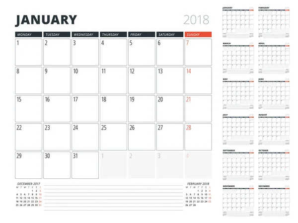 Calendário planejador para 2018 ano. Modelo de design. A semana começa na segunda-feira. Conjunto de 12 meses — Vetor de Stock