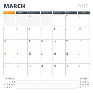 Mart 2018 için takvim planlayıcısı. Tasarım şablonu. Hafta Pazar günü başlar. Sayfa 3 ay