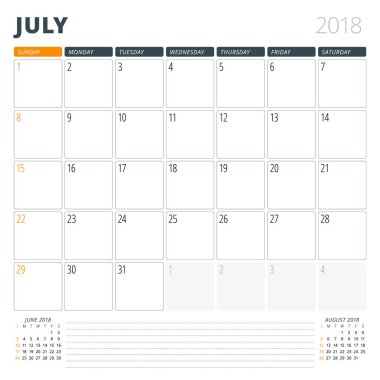 Temmuz 2018 için takvim planlayıcısı. Tasarım şablonu. Hafta Pazar günü başlar. Sayfa 3 ay