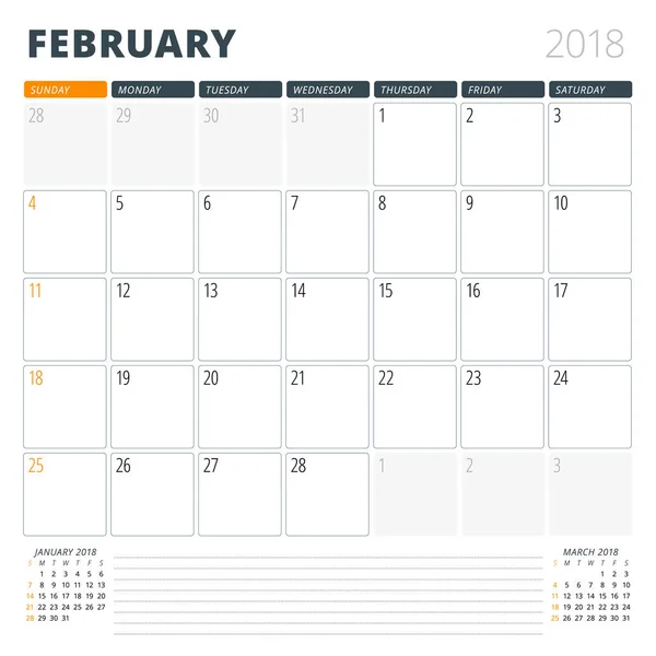 Planificador de calendario para febrero de 2018. Plantilla de diseño. La semana comienza el domingo. 3 meses en la página — Archivo Imágenes Vectoriales