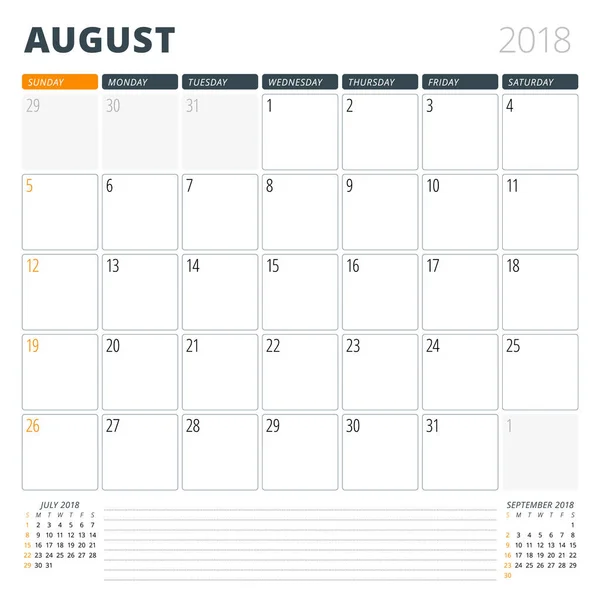 Planejador de calendário para agosto de 2018. Modelo de design. A semana começa no domingo. 3 Meses na página — Vetor de Stock