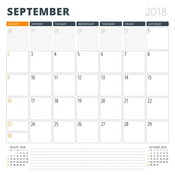 Planificador de calendario para septiembre de 2018. Plantilla de diseño. La semana comienza el domingo. 3 meses en la página — Vector de stock