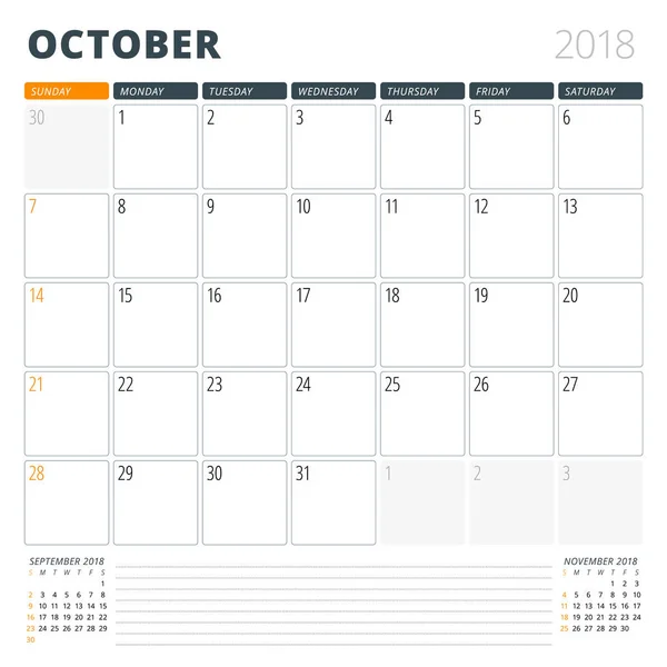 Calendar Planner for October 2018. Design Template. Week Starts on Sunday. 3 Months on the Page — Stock Vector