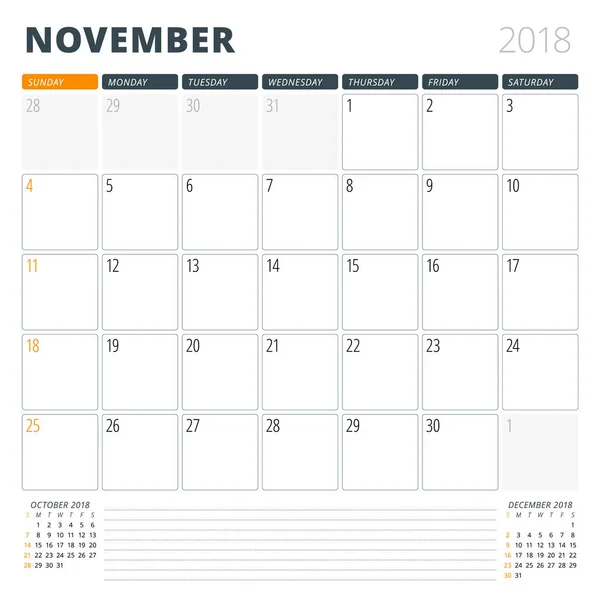 Kalendář Planner pro listopad 2018. Šablona návrhu. Týden začíná v neděli. 3 měsíce na stránce — Stockový vektor