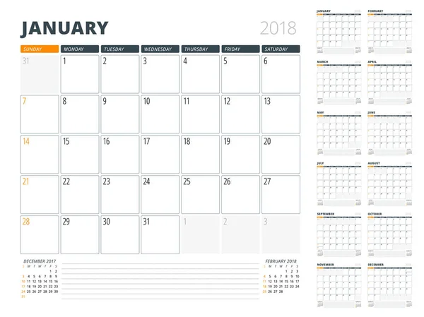 Calendário planejador para 2018 Ano. Modelo de design. Semana começa no domingo — Vetor de Stock