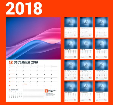 Duvar takvimi şablonunu 2018 yıl için. Vektör çizim. 12 ay kümesi. İleti örneği tasarım